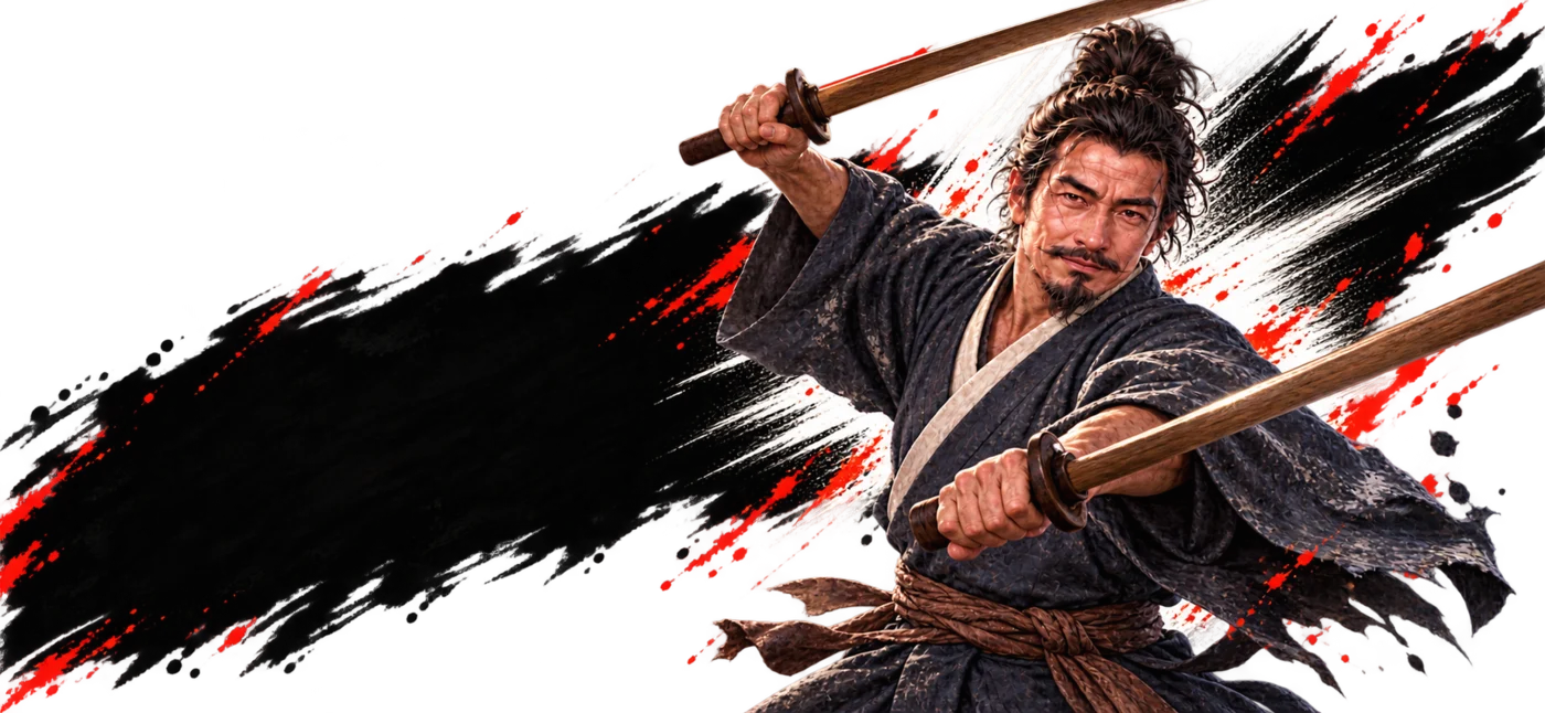 二刀を振るう武蔵の技の場面