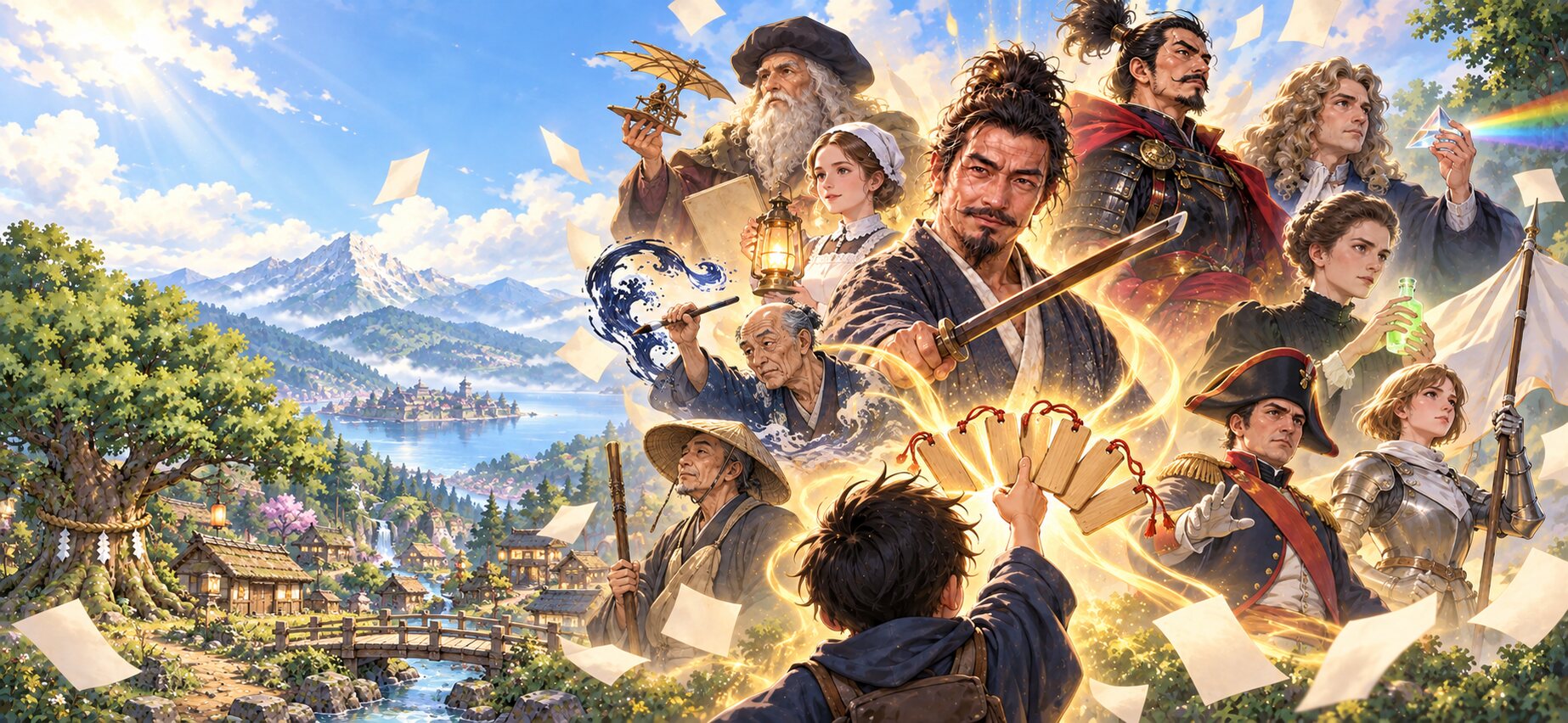 宮本武蔵、ダ・ヴィンチ、ナイチンゲールら偉人たちが、主人公に技の札を差し出すキービジュアル